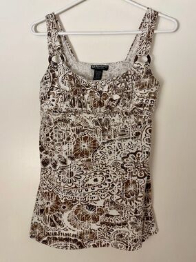 White & Brown Paisley Floral Tank with Ring Details